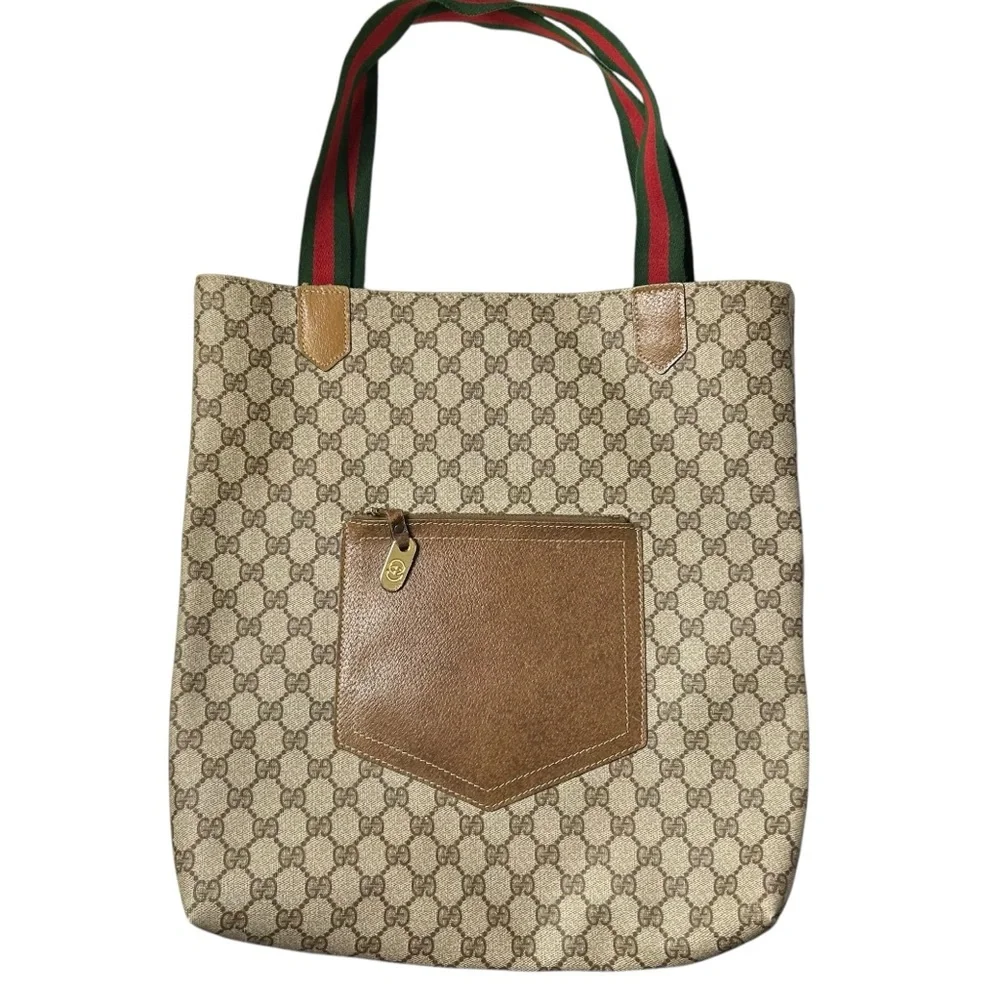 GUCCI Vintage GG Supreme Web Tote Bag Monogram Canvas Brown Leather Italy - Picture 2 of 16